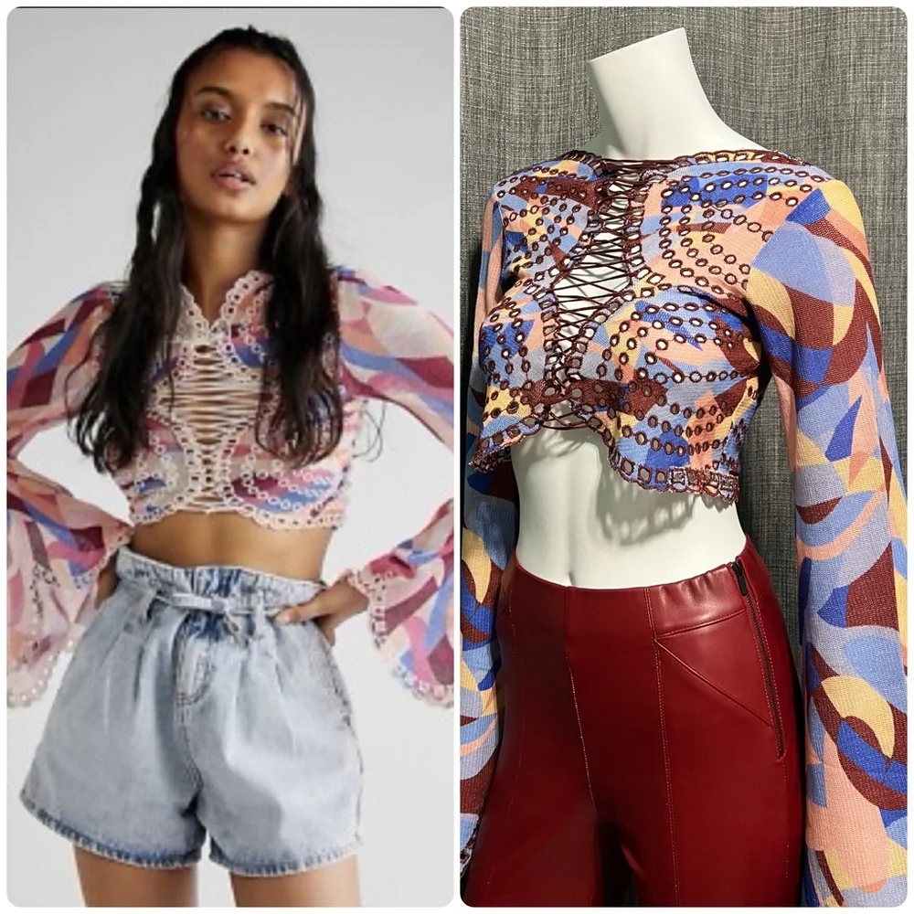 NWT Free People Eyes On You Lace Up Top Pacific Combo RARE TRIM COLOR XS
